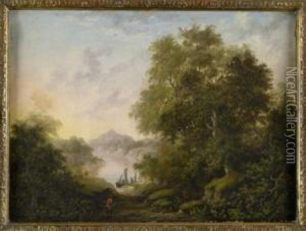A Wooded Highland Landscape With Fishing Boat On A Loch Oil Painting - Charlotte Nasmyth