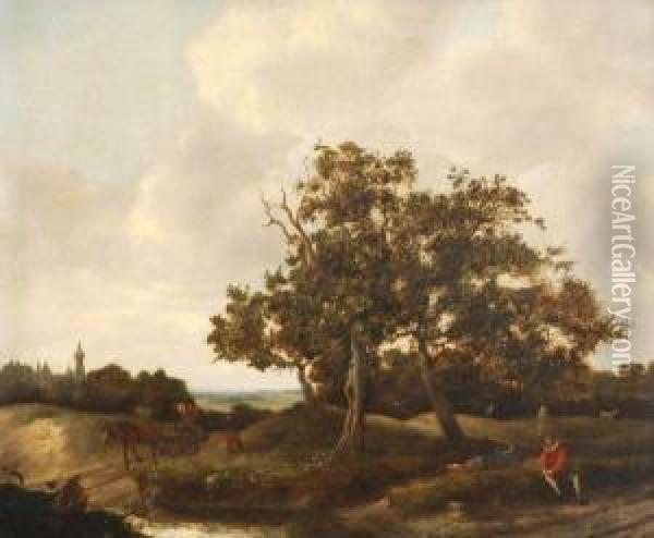 Travellers And A Cart Passing A Shepherd And His Flock Oil Painting - Jacob Salomonsz. Ruysdael