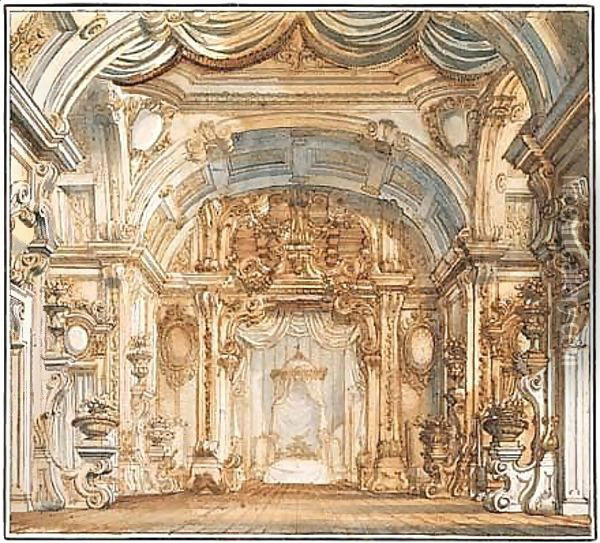 A stage design for a fantastical royal bedroom Oil Painting - Antonio Galli Bibiena