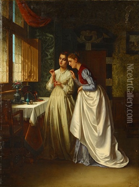 Twee Dames Met Een Juwelenkistje Oil Painting - Josse Impens
