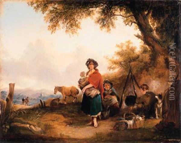 A Gypsy Encampment Oil Painting - Snr William Shayer
