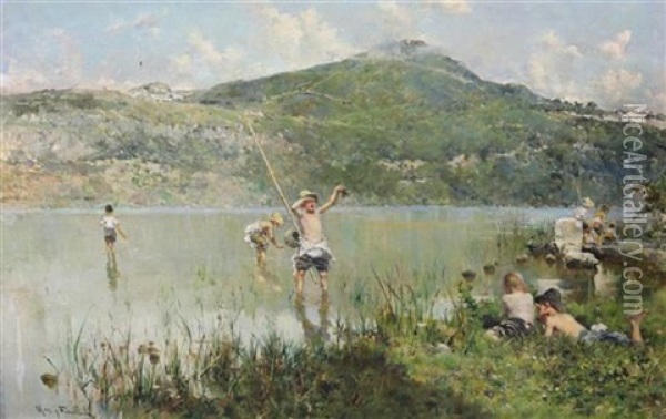 Children Fishing For Crabs Oil Painting - Arcadi Mas y Fondevila