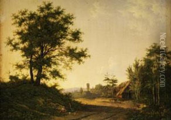 Landschaft Mit Eichen, Strohhutte Und Turm Im Hintergrund Sowie Figurenstaffage Oil Painting - Barend Cornelis Koekkoek
