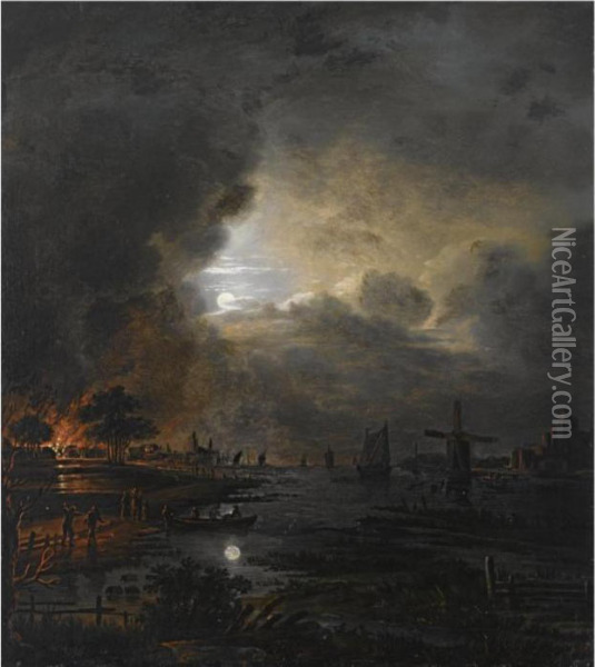 A Moonlit River Landscape With A Village Burning In The Background Oil Painting - Aert van der Neer