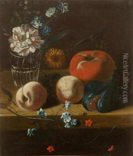 Still Life Of Fruits With Flowers In A Glass Oil Painting - Carlo Magini