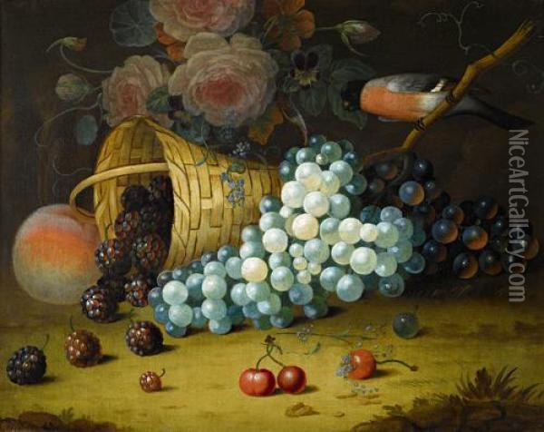 A Bullfinch On A Vine Branch With Bunches Of Red And White Grapes And An Overturned Basket Of Blackberries Oil Painting - William Jones Of Bath