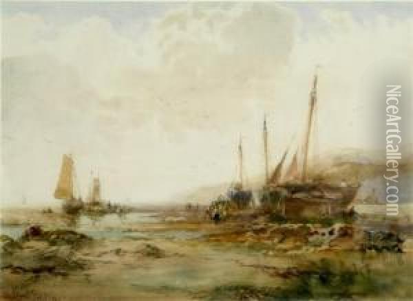 Fishing Boats, Castleton, Isle Of Man Oil Painting - Albert Pollitt