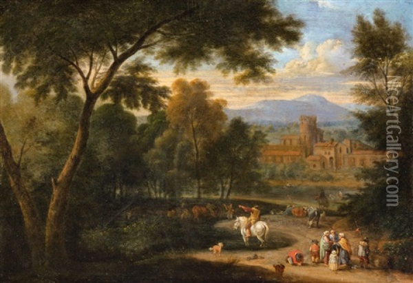 An Italianate Landscape With Travellers And A Rider Oil Painting - Adriaen Frans Boudewyns the Elder