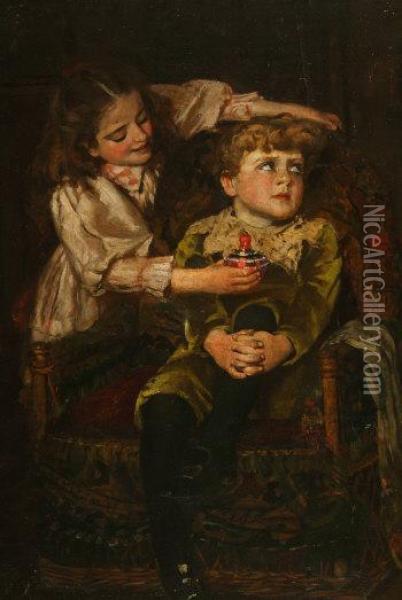 Two Children In An Interior, Signed With Initials Lower Left Oil Painting - William Hippon Gadsby