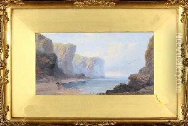 A Rocky Coastal Scene With A Female Figure On The Beach In The Foreground Oil Painting - George Blackie Sticks