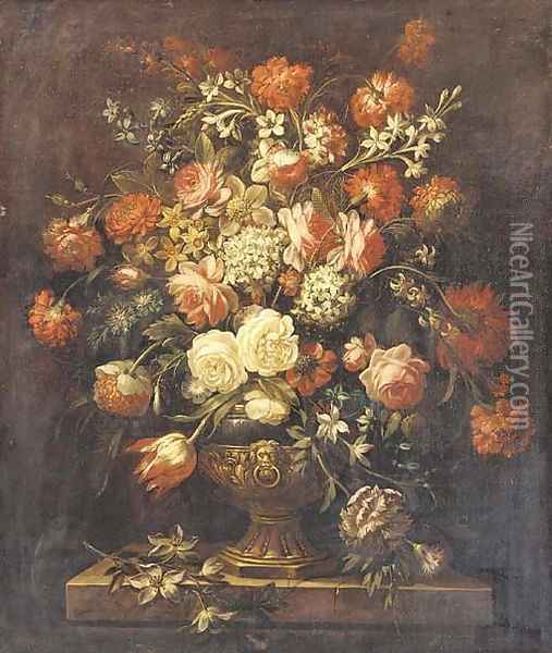 Roses, tulips, carnations, forget-me-nots and other flowers in a sculpted urn on a ledge Oil Painting - Jean-Baptiste Monnoyer