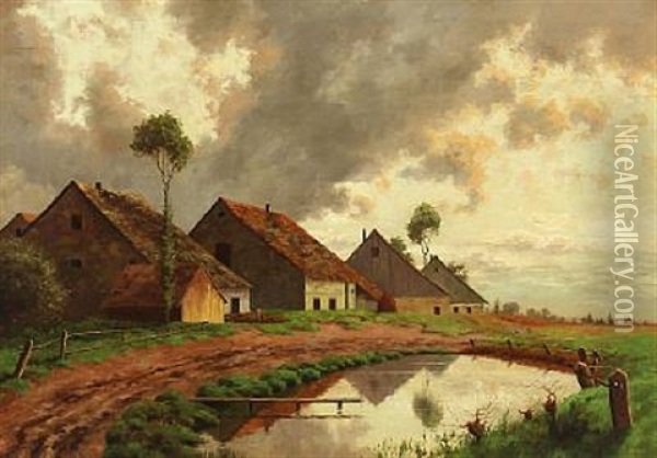 A Cloudy Day With Peasant Houses At A Pond Oil Painting - Karl Schaette