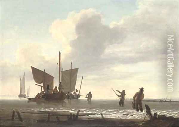 Unloading the day's catch Oil Painting - English School