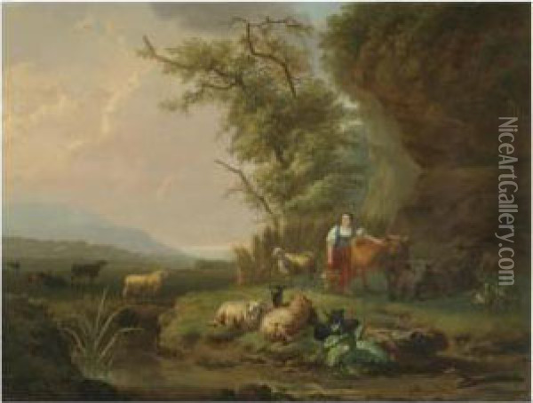 A Landscape At Sunset With A Milkmaid And Her Herd In Theforeground Oil Painting - Jan Hendrick Van Den Bosch