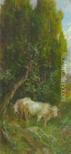 Zwei Ochsen Vor Buschwerk Und Baumen Oil Painting - Arthur Lemon