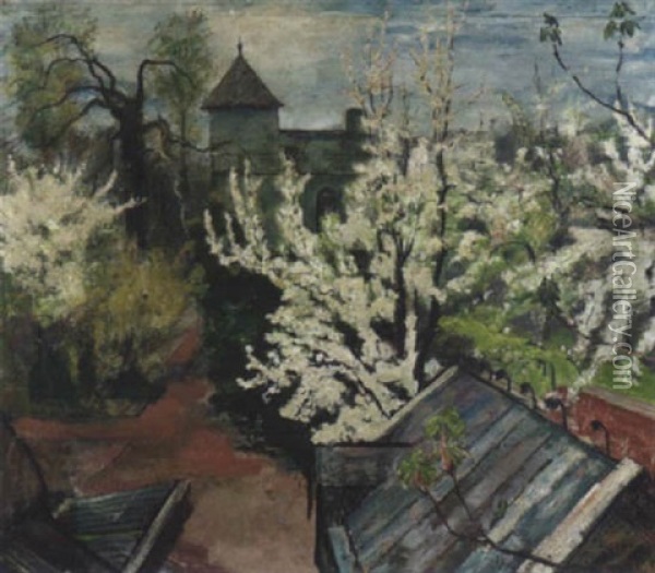 Garten Im Fruhling Mit Bluhenden Kirschbaumen Oil Painting - Bernard Gobiet