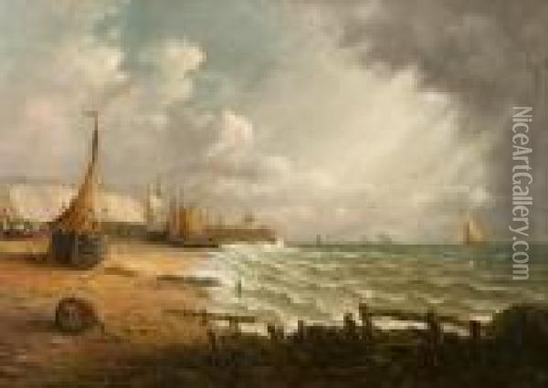Fishing Vessels On The Shoreline Oil Painting - John Moore Of Ipswich