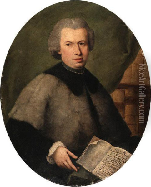 Portrait Of Monsignor Francesco 
Dall'acqua, Half Length, Wearing Agrey Cloak And Holding A Copy Of His 
Book, In A Library Oil Painting - Alessandro Longhi