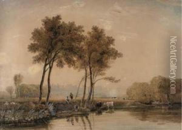 Anglers On The Banks Of The Thames Before Windsor Castle Oil Painting - George Jnr Barrett