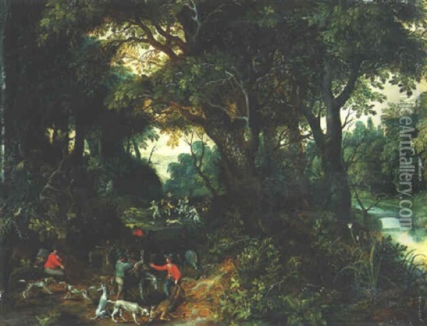 A Wooded Landscape With Hunters Oil Painting - Paul Bril