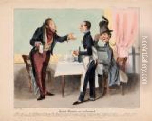 Robert Macaire Au Restaurant Oil Painting - Honore Daumier