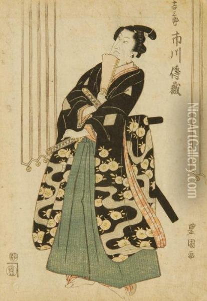 An Actor In A Samurai Role Stands Beside A Bell Tassel Oil Painting - Toyokuni