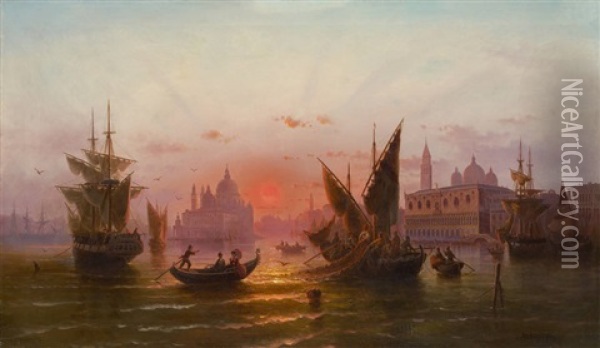 Coucher De Soleil Sur La Lagune De Venise Oil Painting - Albert Rieger
