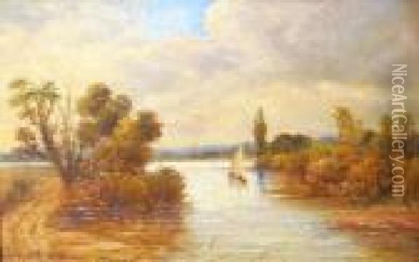 Lone Sailing Boat On An East Anglian River Oil Painting - Christopher Mark Maskell