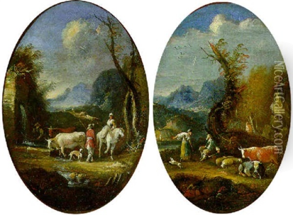Peasants And Cattle In A Landscape Oil Painting - Jean Daret