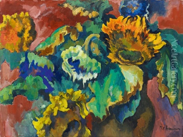 Verwelkte Sonnenblumen In Braunem Krug Und Dunkelblauer Vase Oil Painting - Heinrich Nauen