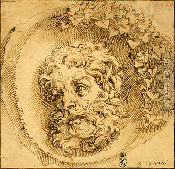 Head of a Faun in a Concave (roundel) c. 1595 Oil Painting - Agostino Carracci