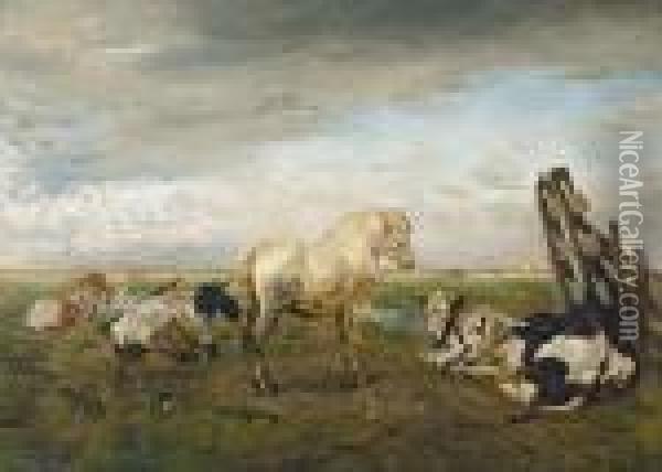 Polder Landscape Withhorse And Cows Oil Painting - Alfred Jacques Verwee