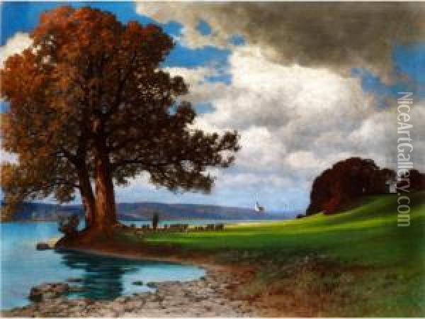Abendlandschaft Am Fluss Mit Schafer Undschafherde Unter Herbstlicher Eiche Oil Painting - Hermann Traugott Rudisuhli