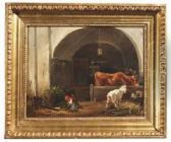 Stable Interior With A Kneeling Maidservant Oil Painting - Edmund Mahlknecht