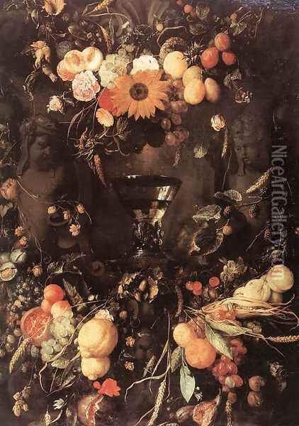 Fruit and Flower Still-Life 1650 Oil Painting - Jan Davidsz. De Heem