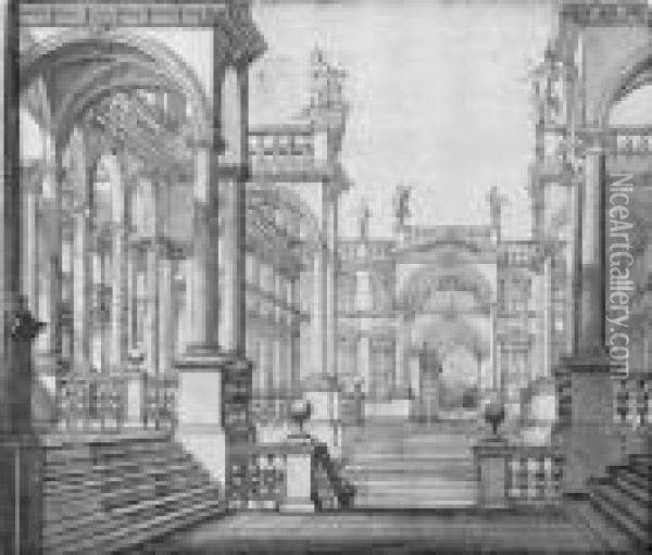 The Courtyard Of A Palace With Porticos Surmounted By Statues:design For The Stage Oil Painting - Giuseppe Galli Bibiena