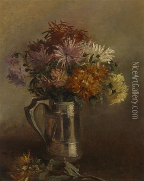 Still Life With Chrysanthemums In Silver Jug Oil Painting - Hans (Jean) Iten
