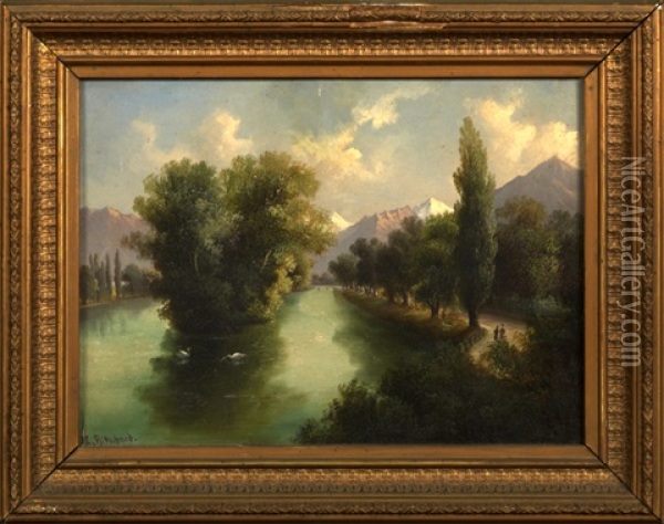 Alpine Landscape With Figures On A Riverside Path Oil Painting - Hubert Sattler