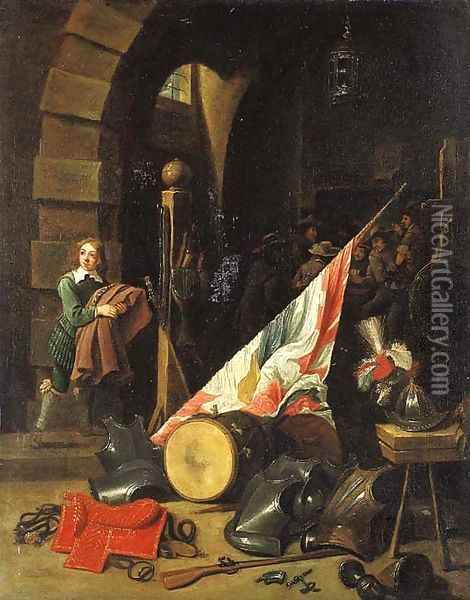 Armour, a saddle, a drum, a banner, a plumed helmet on a bench and other objects in a guardroom Oil Painting - David The Younger Teniers