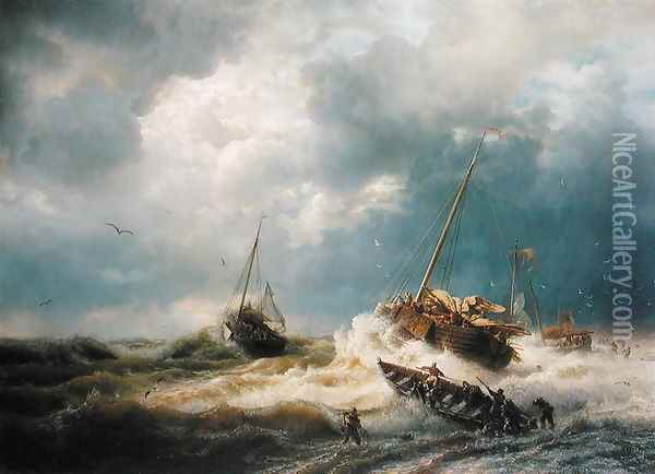 Ships in a Storm on the Dutch Coast 1854 Oil Painting - Andreas Achenbach