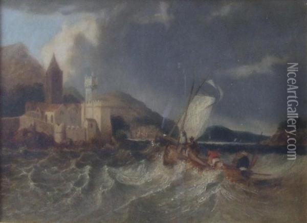 Fishing Boat In Stormy Seas With Church To Bank Oil Painting - William Clarkson Stanfield