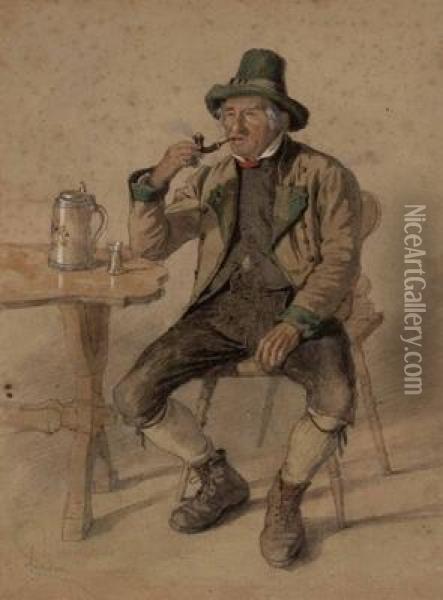 Pfeife Rauchender Bauer Am Tisch Oil Painting - Alois Schonn