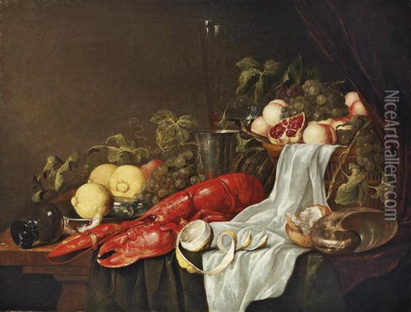 A Lobster, A Partly-peeled Lemon, A Basket Of Fruit, Bread, A Conch Shell And An Upturned Roemer, With Other Fruit And Vessels On A Party-draped Table Oil Painting - Jasper Geeraerts