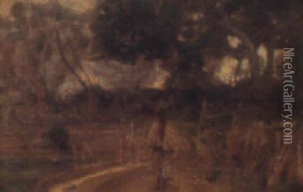 A Traveller On A Country Road Oil Painting - Sir Alfred East