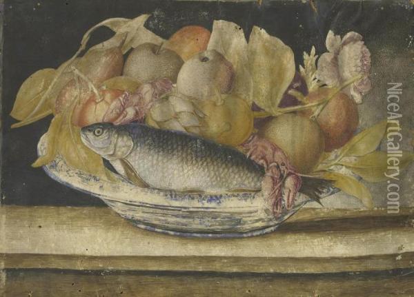 Still Life With A Fish, Lobster And Fruit In A Serving Dish Oil Painting - Octavianus Montfort
