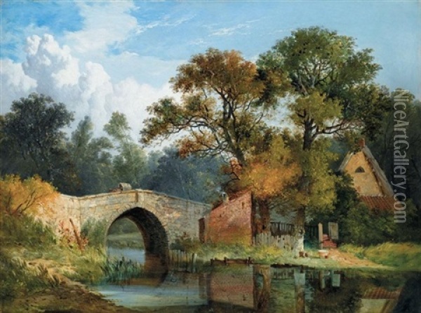Earlham Bridge, Norfolk Oil Painting - John Berney Ladbrooke