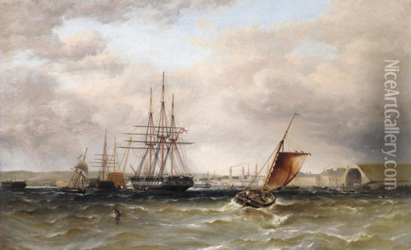 A Frigate And Other Shipping In Plymouth Harbour Oil Painting - Henry A. Luscombe