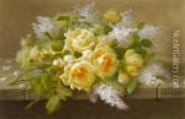 Yellow Roses With Lilac Oil Painting - Raoul Maucherat de Longpre