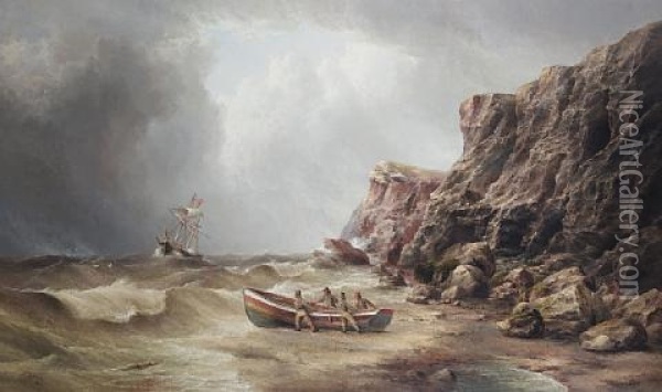 Fisherman Launching A Yorkshire Cobble To Aid A Ship In Distress Oil Painting - Henry Redmore