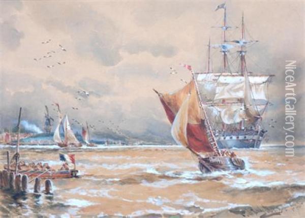 Barques Hove To For Pilot Oil Painting - Thomas Bush Hardy